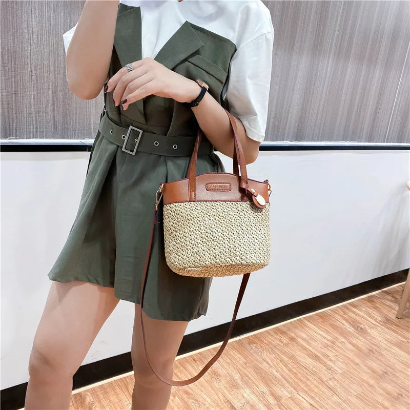Vintage Straw Beach Bag for Women Shoulder Handbag with Patchwork Design