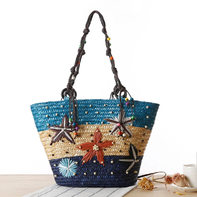 Bohemia Woven Rattan Handbag with Hand Embroidery - Large Capacity Tote
