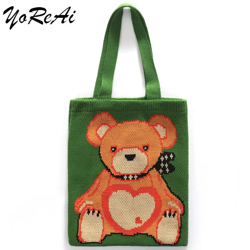 Bear Canvas Cloth Shoulder Bag for Women Knitting