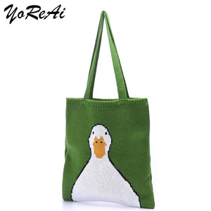 Women Knitting Shoulder Bags Duck Cartoon Handbag Casual Tote