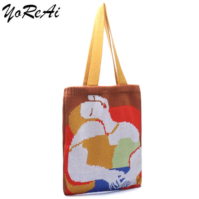 Women Shopping Bag Artistic Simplicity Knitting Canvas Shoulder Bags