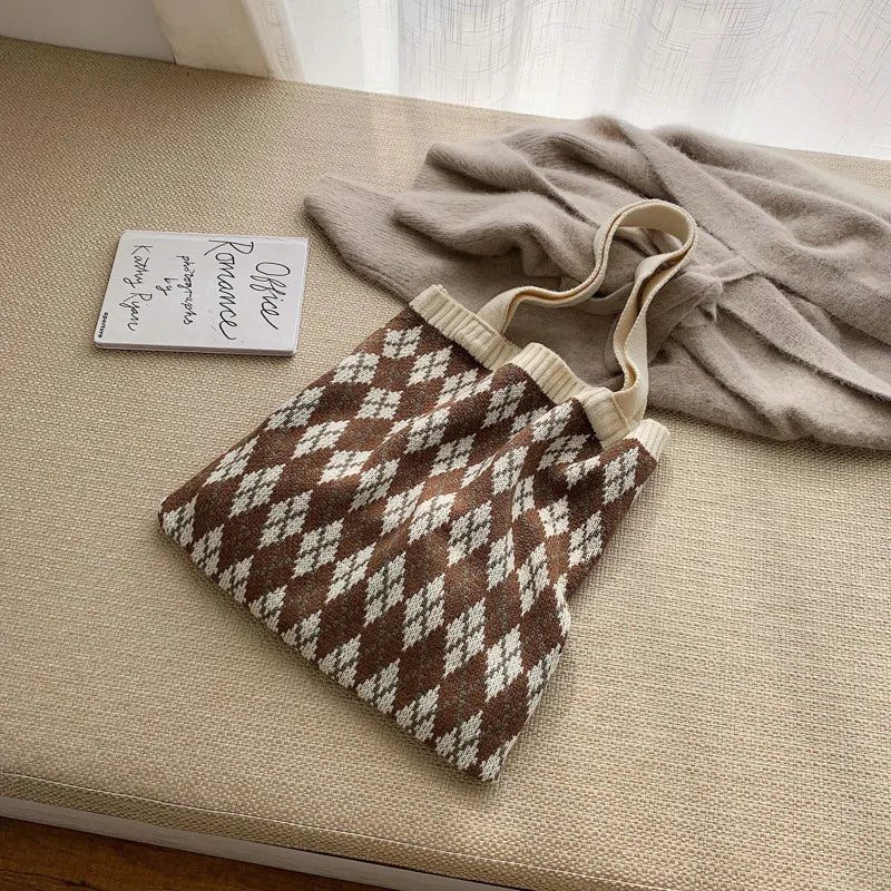 Women's Plaid Shoulder Bag Soft Knitting Tote Autumn Handbags