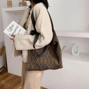 Women's Plaid Shoulder Bag Soft Knitting Tote Autumn Handbags