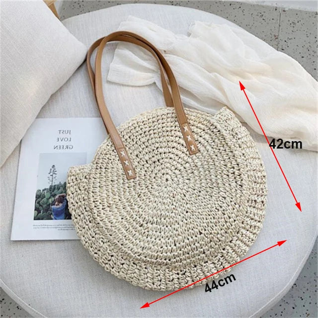 Boho Straw Shoulder Bag Circle Beach Handbag Purse
