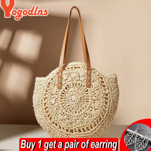 Boho Straw Shoulder Bag Circle Beach Handbag Purse