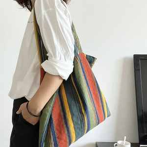 Colorful Stripe Shoulder Bag Large Capacity Shopping Tote