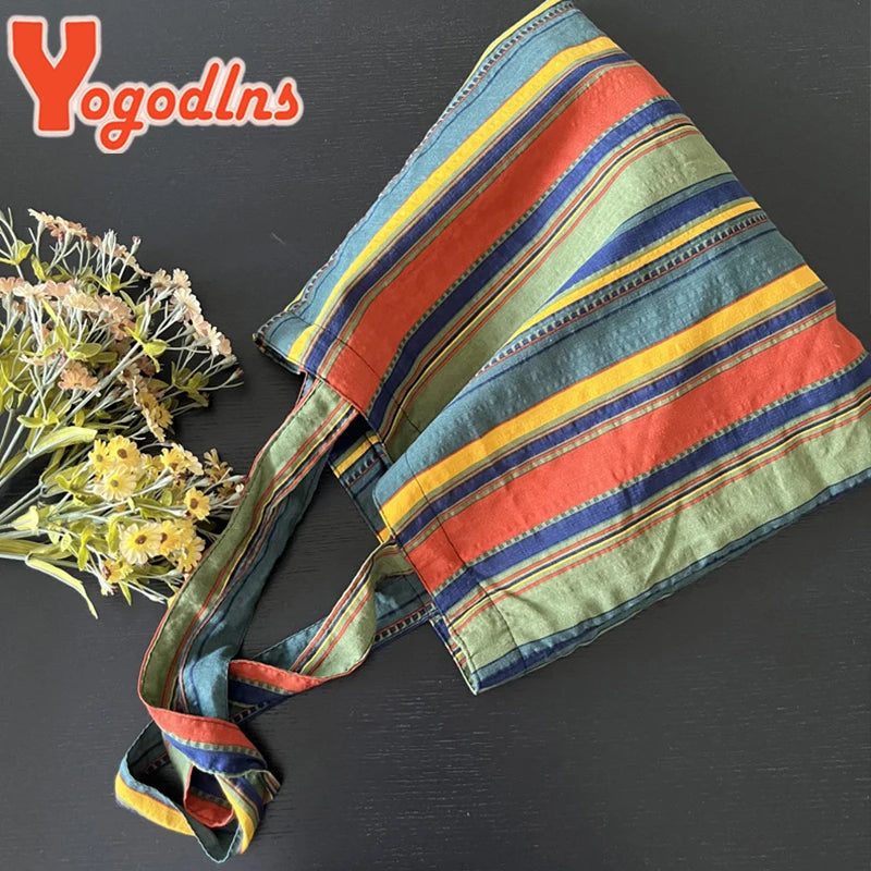 Colorful Stripe Shoulder Bag Large Capacity Shopping Tote