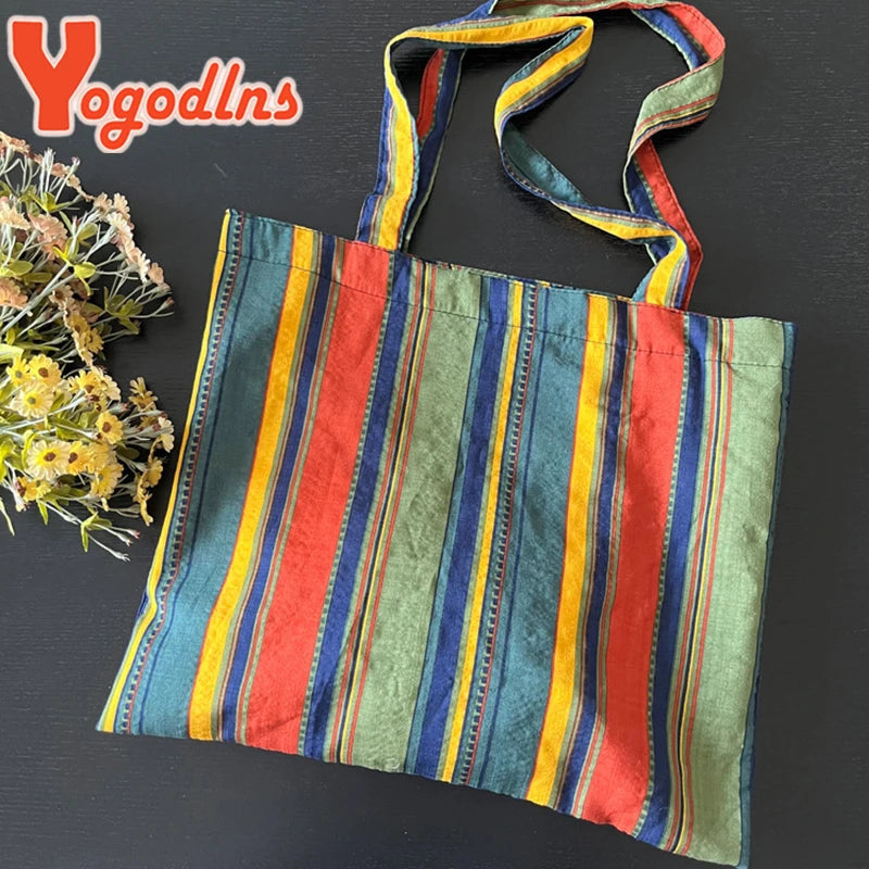 Colorful Stripe Shoulder Bag Large Capacity Shopping Tote
