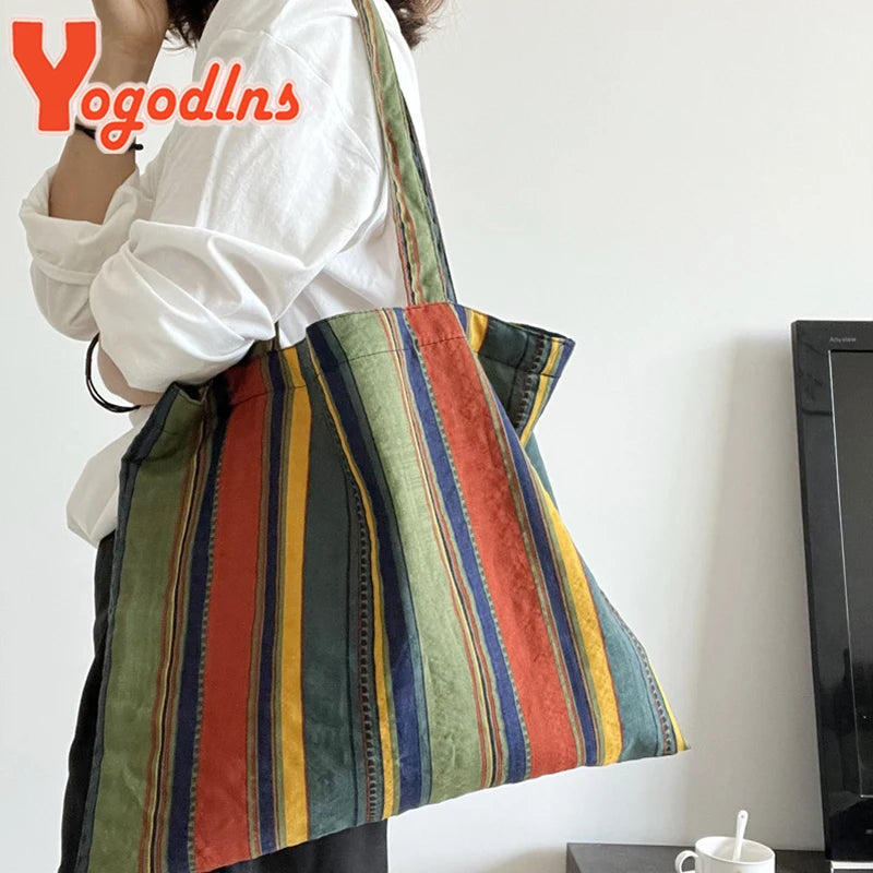 Colorful Stripe Shoulder Bag Large Capacity Shopping Tote
