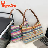 Colorful Striped Straw Shoulder Bag For Women Travel Holiday Beach Phone Bag