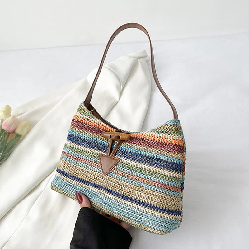 Colorful Striped Straw Shoulder Bag For Women Travel Holiday Beach Phone Bag