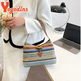 Colorful Striped Straw Shoulder Bag For Women Travel Holiday Beach Phone Bag
