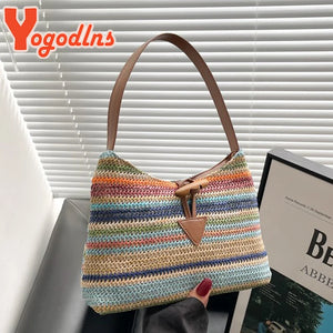 Colorful Striped Straw Shoulder Bag For Women Travel Holiday Beach Phone Bag