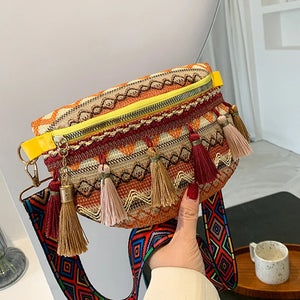 Ethnic Style Tassel Chest Bag Women Braided Shoulder Ladies Crossbody Bag