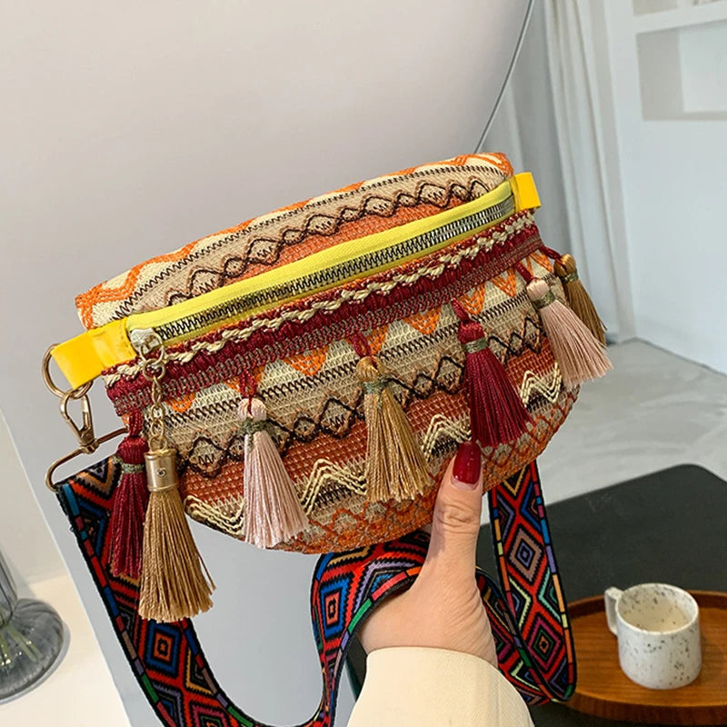Ethnic Style Tassel Chest Bag Women Braided Shoulder Ladies Crossbody Bag