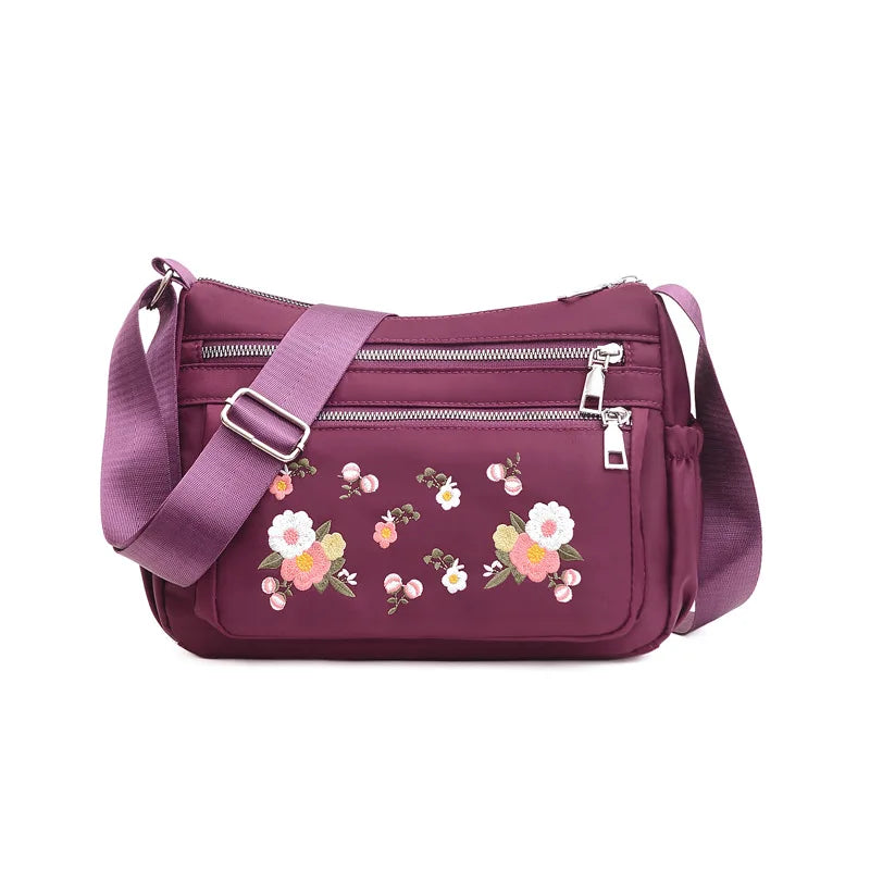 Embroidered Shoulder Women's Bag Nylon Floral Crossbody Bag