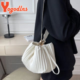 Pleated Bucket Bag Female PU Leather Crossbody Bag