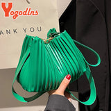 Pleated Bucket Bag Female PU Leather Crossbody Bag