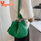 Pleated Bucket Bag Female PU Leather Crossbody Bag