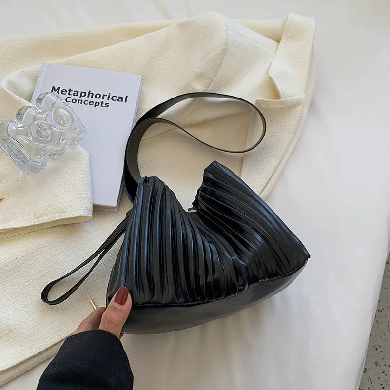 Pleated Bucket Bag Female PU Leather Crossbody Bag