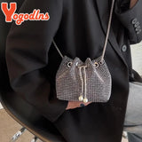 Rhinestones Shoulder Bag Women Drawstring Bucket Crossbody Bag
