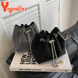 Rhinestones Shoulder Bag Women Drawstring Bucket Crossbody Bag