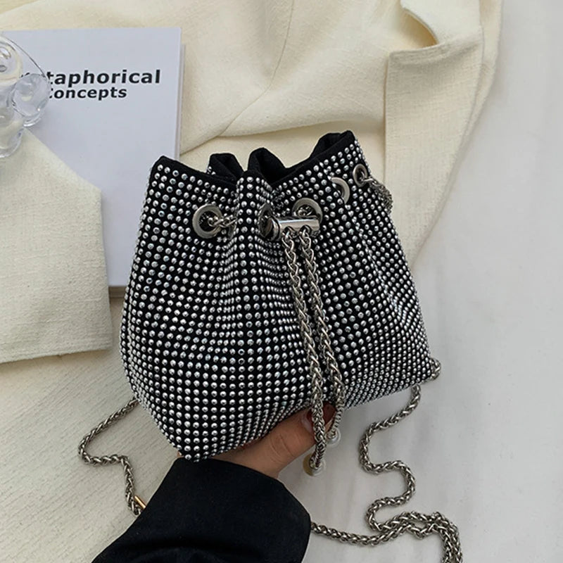 Rhinestones Shoulder Bag Women Drawstring Bucket Crossbody Bag