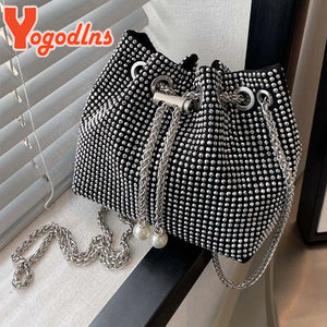 Rhinestones Shoulder Bag Women Drawstring Bucket Crossbody Bag