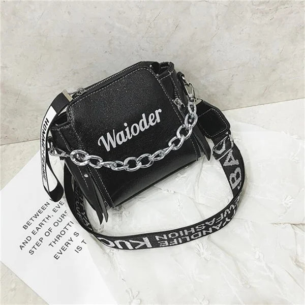 Tide Ladies Letter Handbags Wide Strap Chains Shoulder Bag Women Crossbody Bags