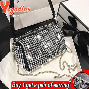 Bright Diamond Shoulder Bag Women PU Leather Pillow Bag Chains Messenger Handbag
