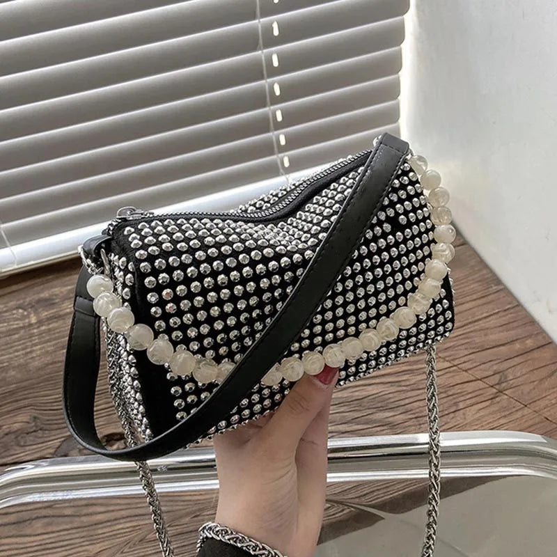 Bright Diamond Shoulder Bag Women PU Leather Pillow Bag Chains Messenger Handbag