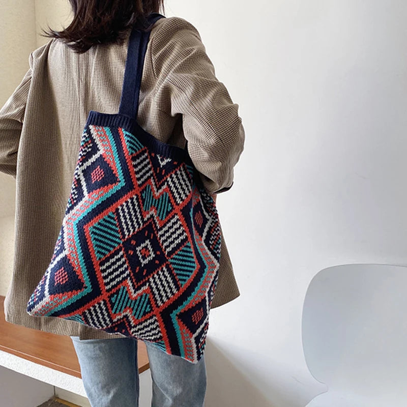 Geometric Patterns Shoulder Bag Knitting Tote Large Capacity Handbag