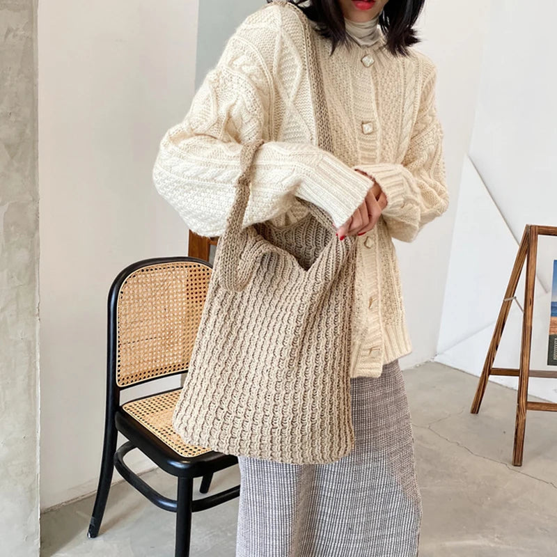 Literary Wool Shoulder Bag for Women Winter Hot Handbag Large Capacity