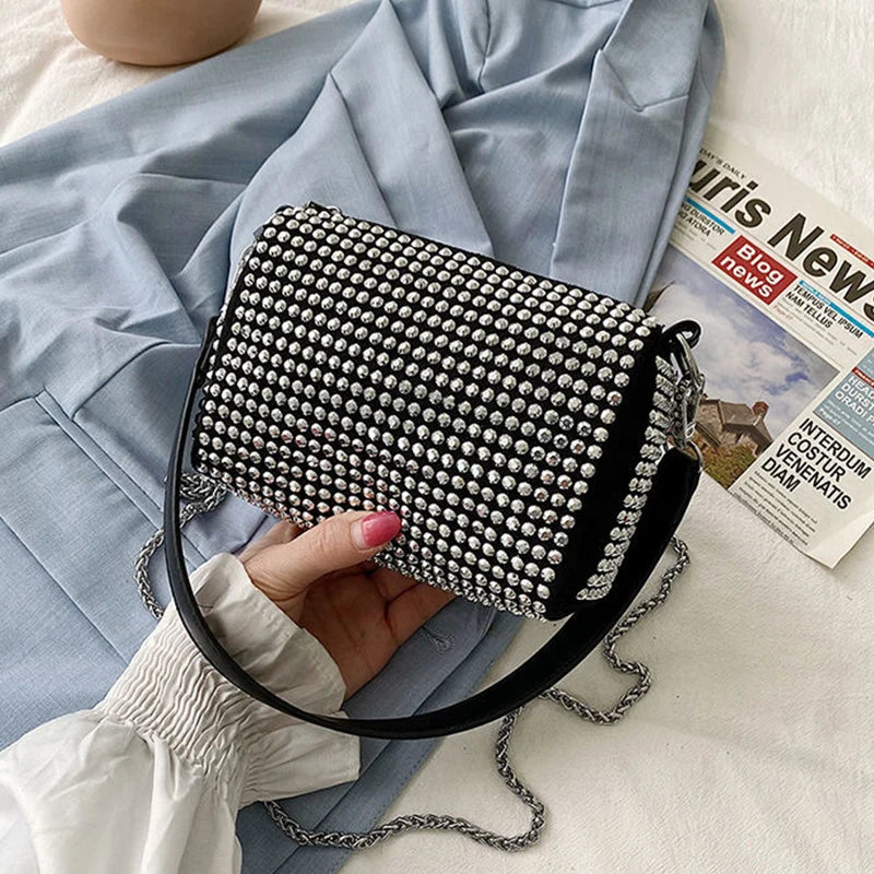 Bright Diamond Shoulder Bag Women PU Leather Crossbody Bag Chains Messenger