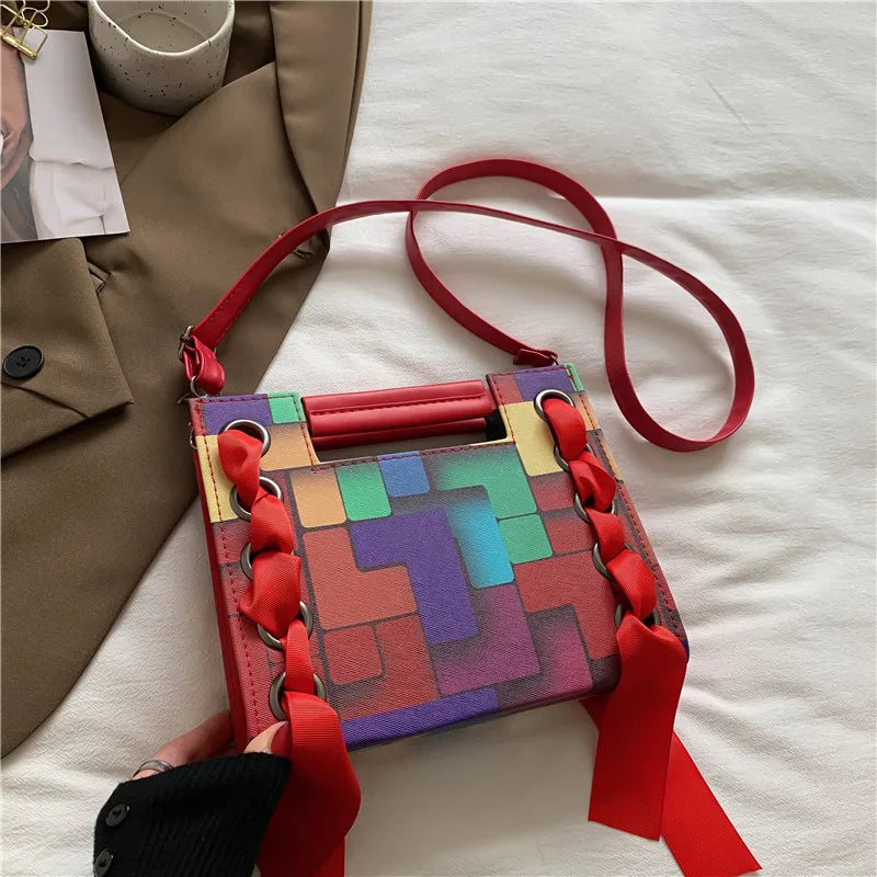 Patchwork Shoulder Bag For Women Scarf Handbag PU Leather Crossbody Bag