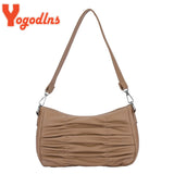 Pleated Shoulder Bag Women PU Leather Armpit Handbag Casual Lady Underarm Pouch
