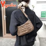 Pleated Shoulder Bag Women PU Leather Armpit Handbag Casual Lady Underarm Pouch