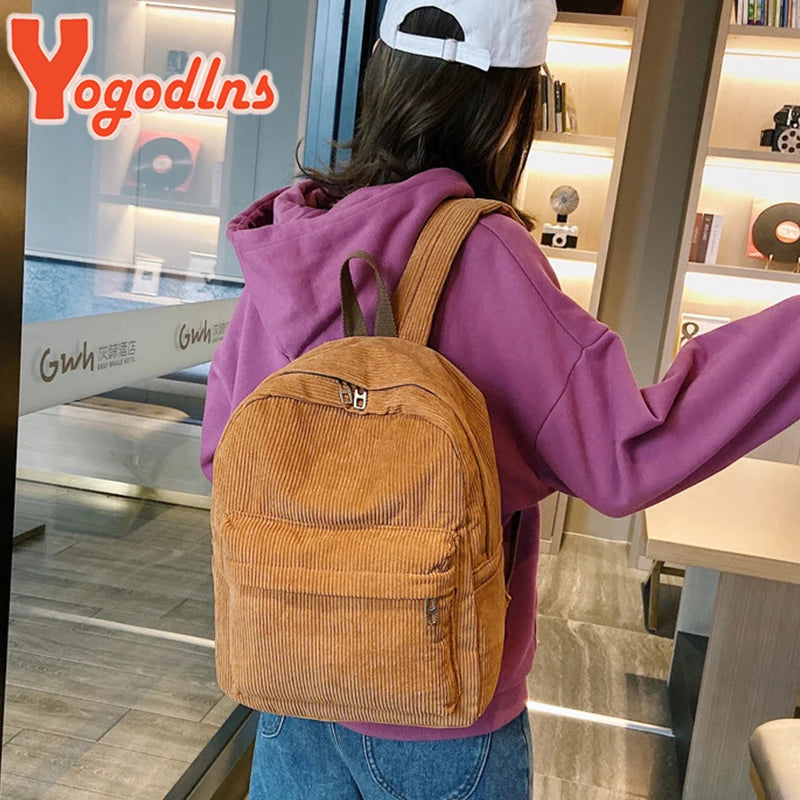 Corduroy Women Backpack Female Travel Bag Double Backpack