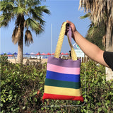 Rainbow Stripes Knitted Shoulder Bag For Womens High Shopping Tote Woven Handbag