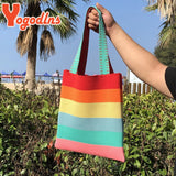 Rainbow Stripes Knitted Shoulder Bag For Womens High Shopping Tote Woven Handbag