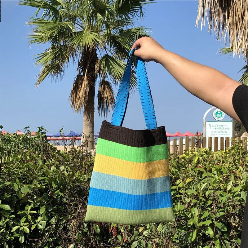 Rainbow Stripes Knitted Shoulder Bag For Womens High Shopping Tote Woven Handbag