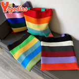 Rainbow Stripes Knitted Shoulder Bag For Womens High Shopping Tote Woven Handbag