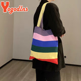 Rainbow Stripes Knitted Shoulder Bag For Womens High Shopping Tote Woven Handbag