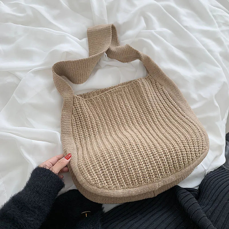 Retro Wool Shoulder Bag for Women Winter Totes Large Capacity Shopping Handbag