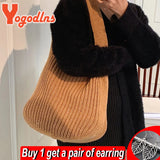 Retro Wool Shoulder Bag for Women Winter Totes Large Capacity Shopping Handbag