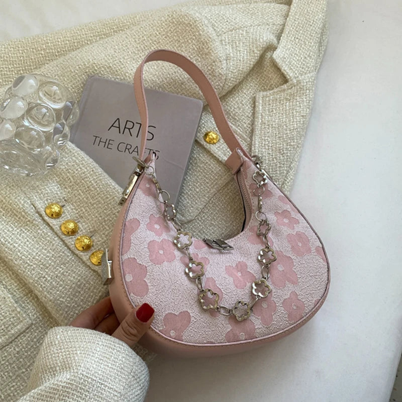 Floral Underarm Bag Chains Half-moon Shoulder Bag