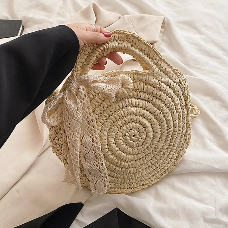 Summer Bow Knitted Straw Bag Round Crossbody Rattan Shoulder
