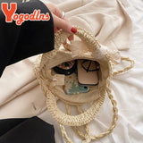 Summer Bow Knitted Straw Bag Round Crossbody Rattan Shoulder