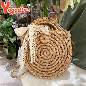 Summer Bow Knitted Straw Bag Round Crossbody Rattan Shoulder