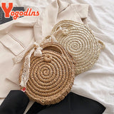 Summer Bow Knitted Straw Bag Round Crossbody Rattan Shoulder